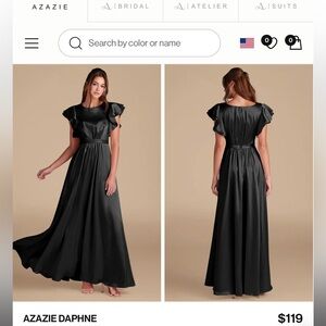 Black Satin Flutter-Sleeve Maxi Dress